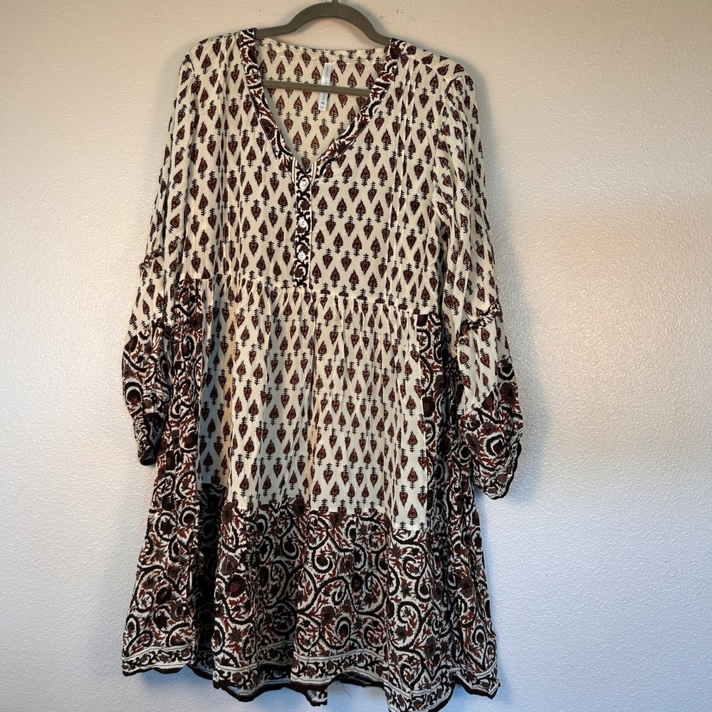 Rockflowerpaper Womens XL Boho Block Print Tiered Tunic Dress Brown Cream Rust